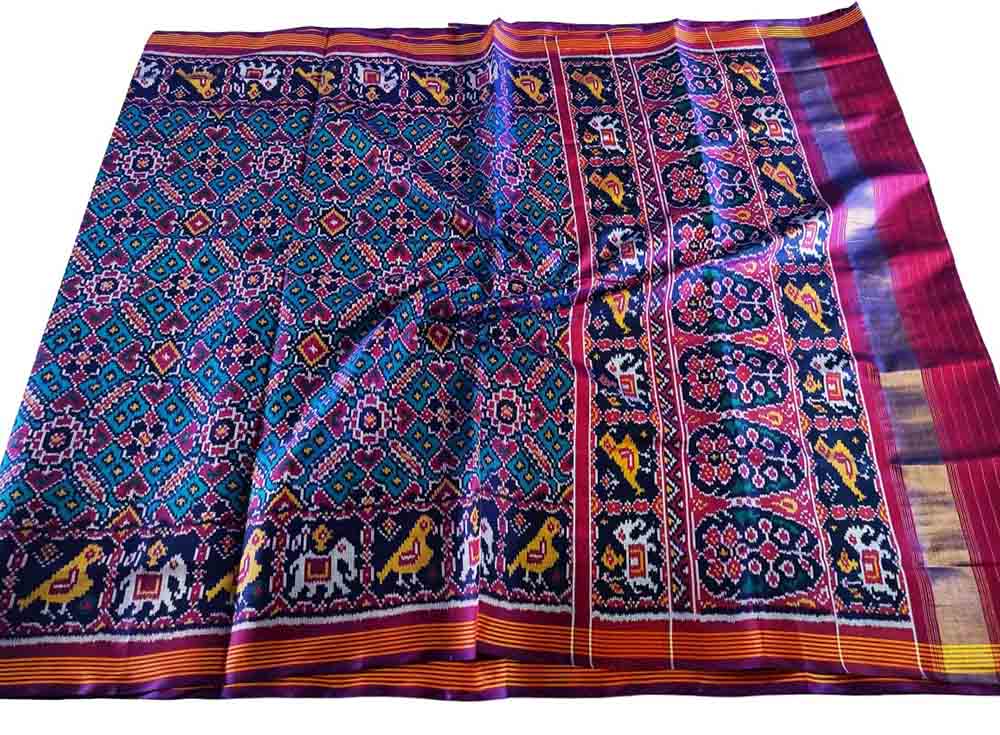 Blue Handloom Semi Patan Patola Pure Silk Saree - Luxurion World