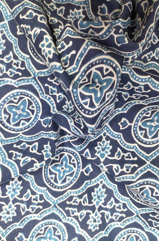 Blue Indigo Block Printed Pure Cotton Fabric ( 1 Mtr ) - Luxurion World