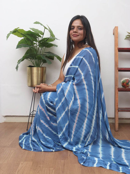 Blue Leheriya Tie & Dye Georgette Saree - Luxurion World