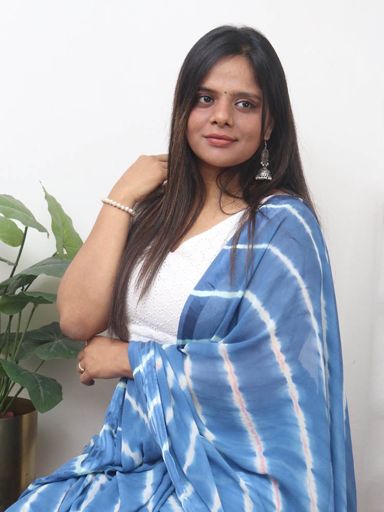 Blue Leheriya Tie & Dye Georgette Saree - Luxurion World
