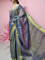 Blue Linen Tissue Silk Saree With Hand Painted Pure Silk Stitched Blouse With Peacock Design - Luxurion World