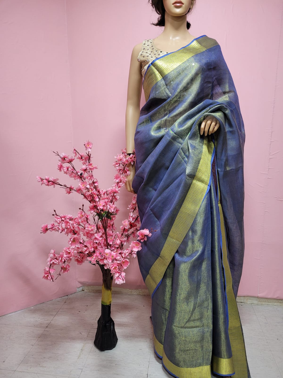 Blue Linen Tissue Silk Saree With Hand Painted Pure Silk Stitched Blouse With Peacock Design - Luxurion World