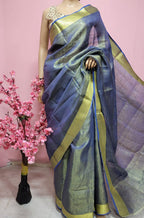 Blue Linen Tissue Silk Saree With Hand Painted Pure Silk Stitched Blouse With Peacock Design - Luxurion World