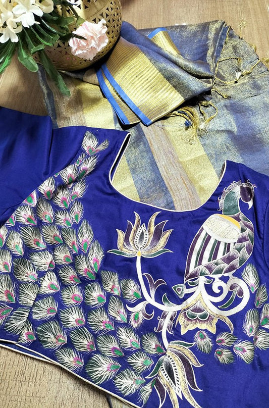 Blue Linen Tissue Silk Saree With Hand Painted Pure Silk Stitched Blouse With Peacock Design - Luxurion World