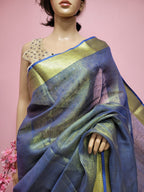 Blue Linen Tissue Silk Saree With Hand Painted Pure Silk Stitched Blouse With Peacock Design - Luxurion World