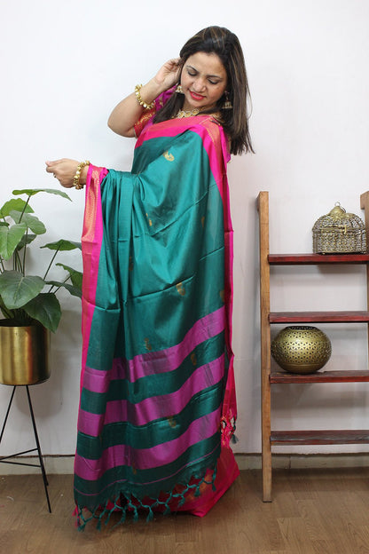 Blue Paithani Cotton Silk Saree - Luxurion World