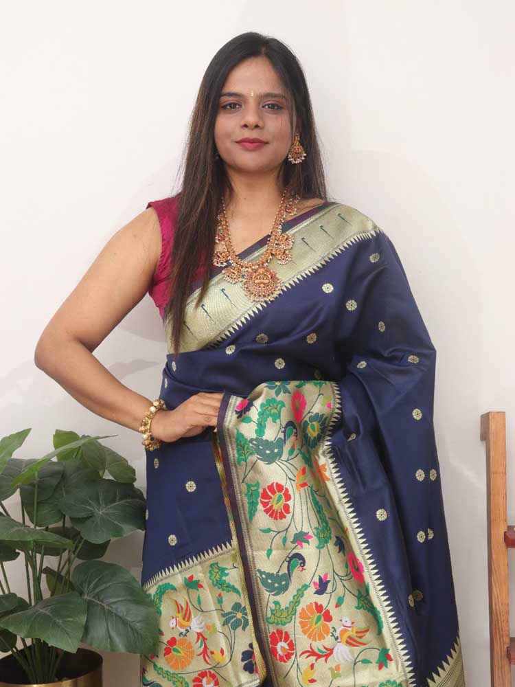 Blue Paithani Silk Bird And Flower Design Saree - Luxurion World