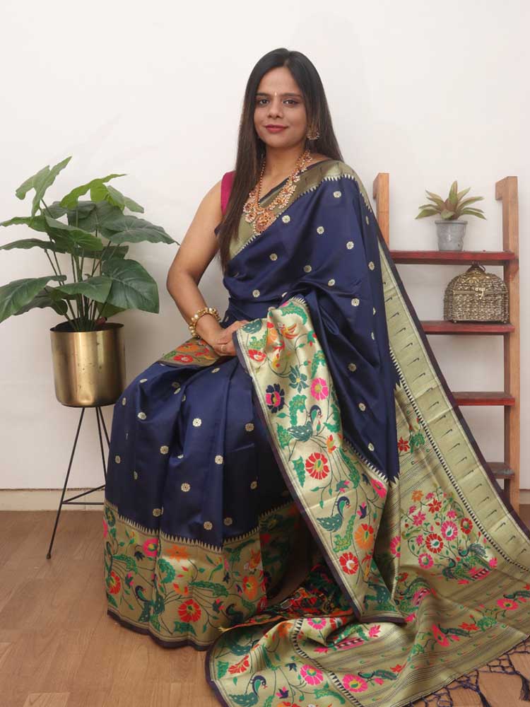 Blue Paithani Silk Bird And Flower Design Saree - Luxurion World
