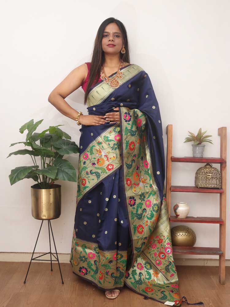 Blue Paithani Silk Bird And Flower Design Saree - Luxurion World