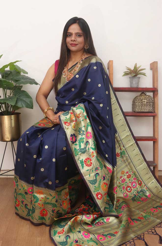 Blue Paithani Silk Bird And Flower Design Saree - Luxurion World