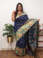 Blue Paithani Silk Bird And Flower Design Saree - Luxurion World