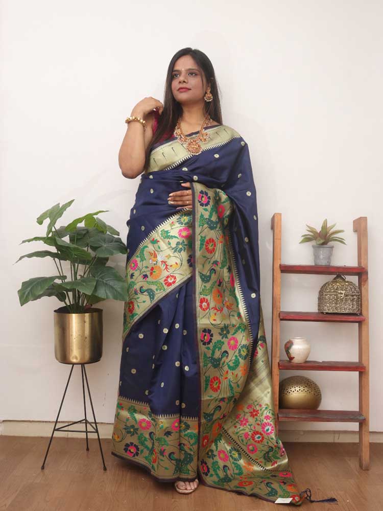 Blue Paithani Silk Bird And Flower Design Saree - Luxurion World