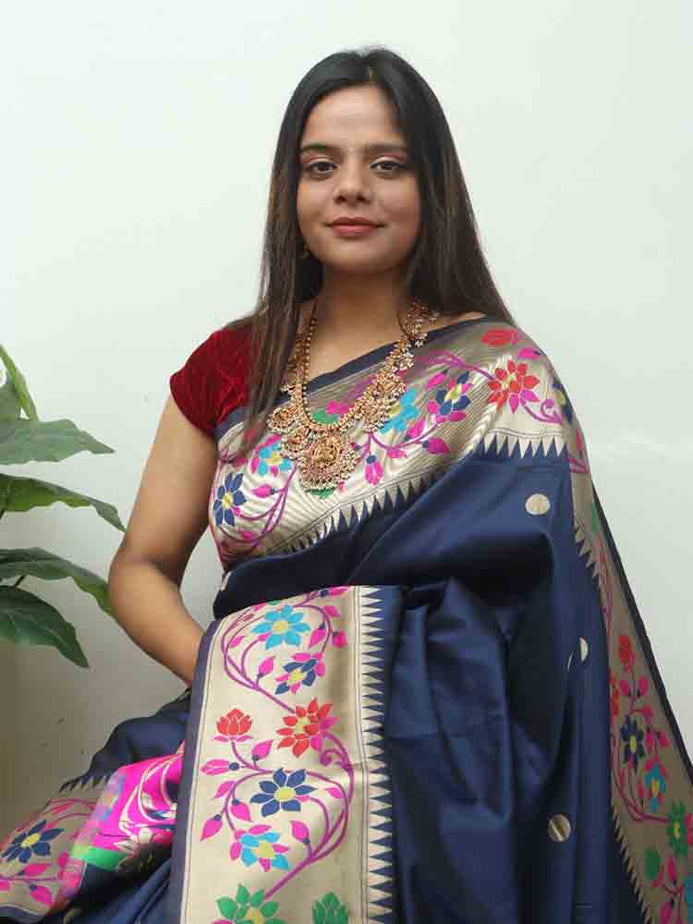 Blue Paithani Silk Flower Design Saree Luxurionworld