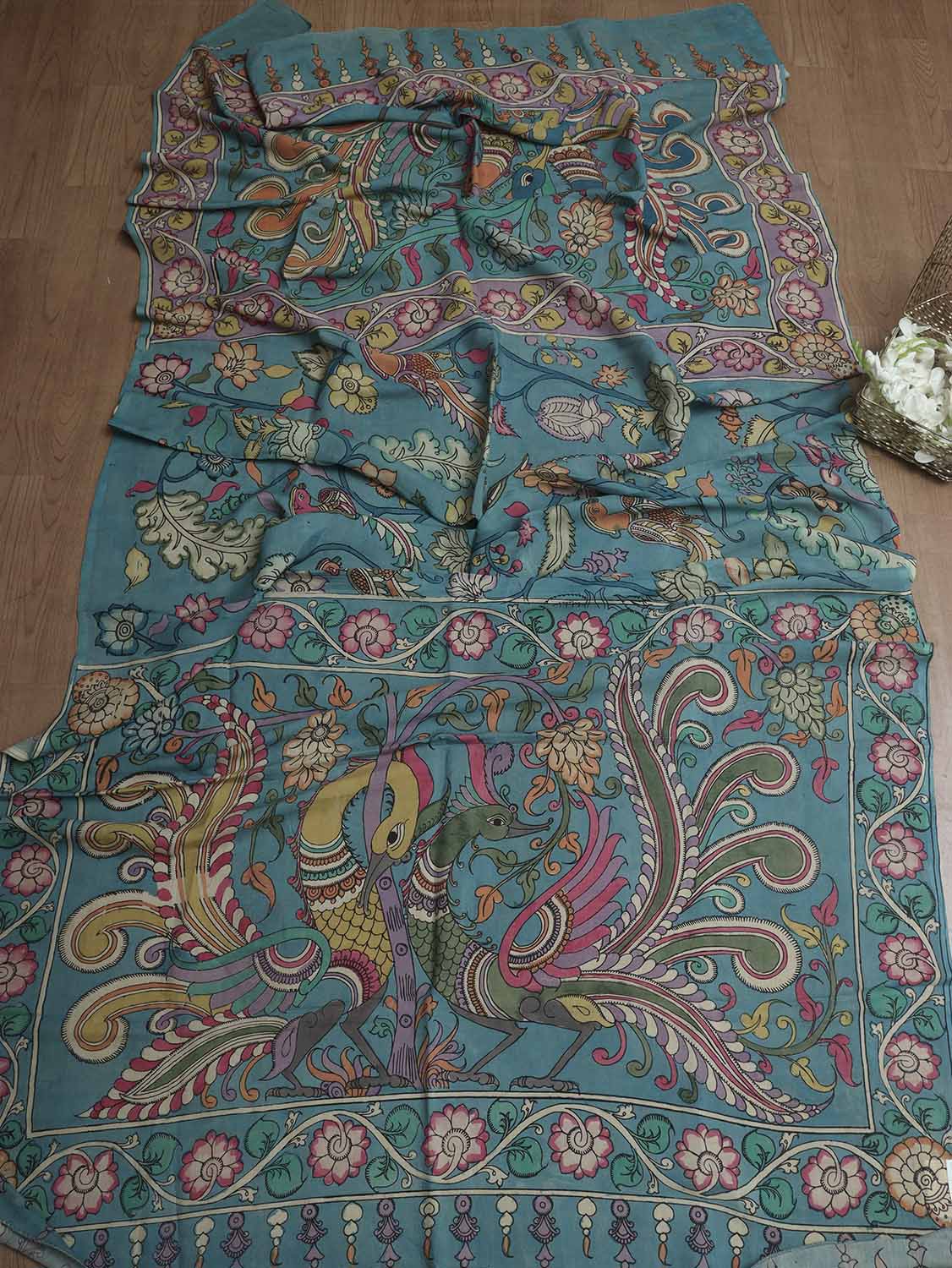 Blue Pen Kalamkari Pure Silk Dupatta - Luxurion World