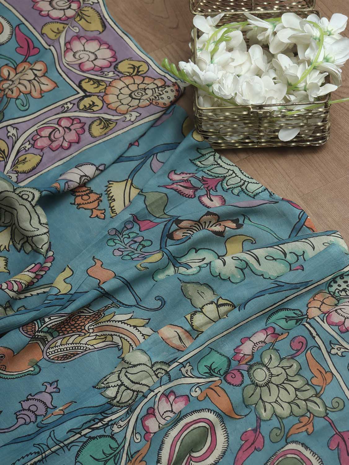 Blue Pen Kalamkari Pure Silk Dupatta - Luxurion World