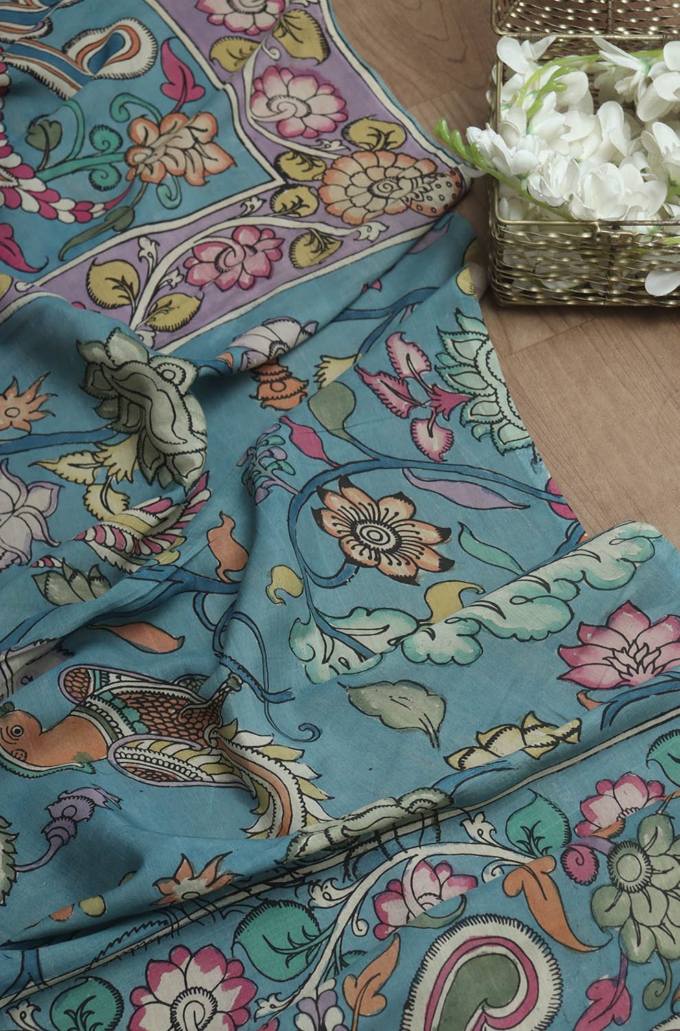 Blue Pen Kalamkari Pure Silk Dupatta - Luxurion World