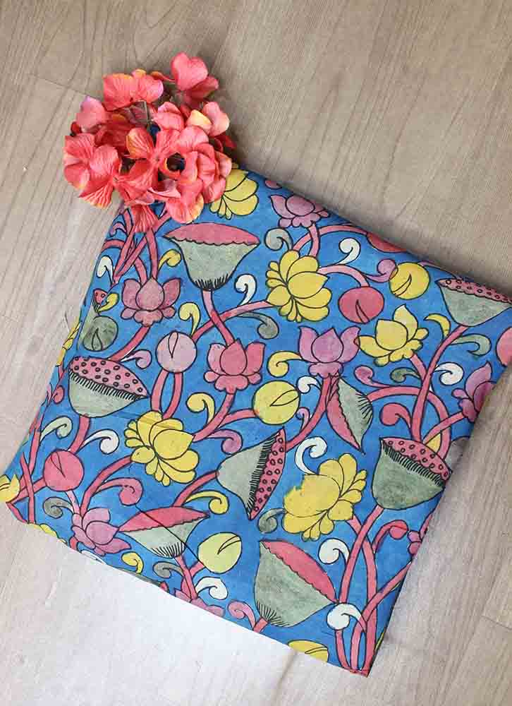 Blue Pen Kalamkari Pure Silk Fabric (1 Mtr ) - Luxurion World