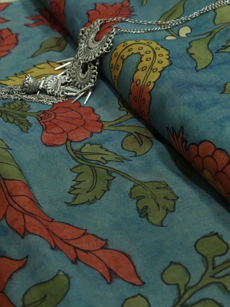 Blue Pen Kalamkari Pure Silk Fabric ( 1 Mtr ) - Luxurion World