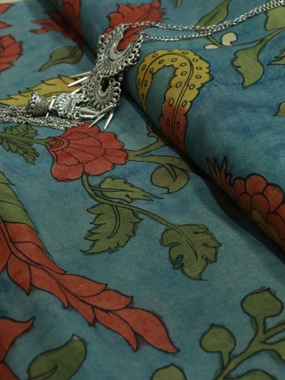 Blue Pen Kalamkari Pure Silk Fabric ( 1 Mtr ) - Luxurion World