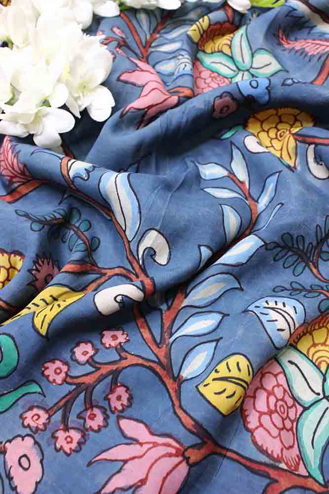 Blue Pen Kalamkari Pure Silk Fabric (1 Mtr ) - Luxurion World