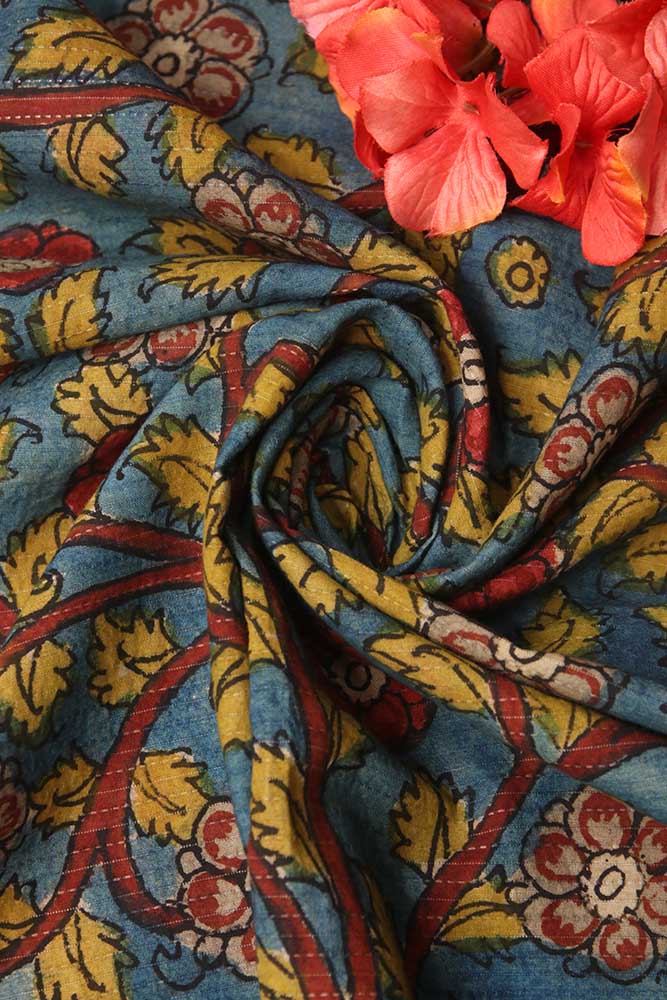 Blue Pen Kalamkari Pure Silk Fabric ( 1 Mtr ) - Luxurion World