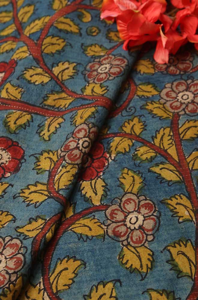 Blue Pen Kalamkari Pure Silk Fabric ( 1 Mtr )