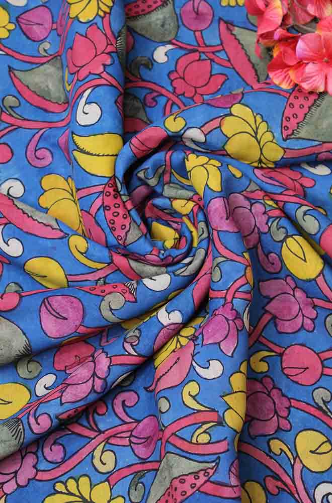 Blue Pen Kalamkari Pure Silk Fabric (1 Mtr ) - Luxurion World