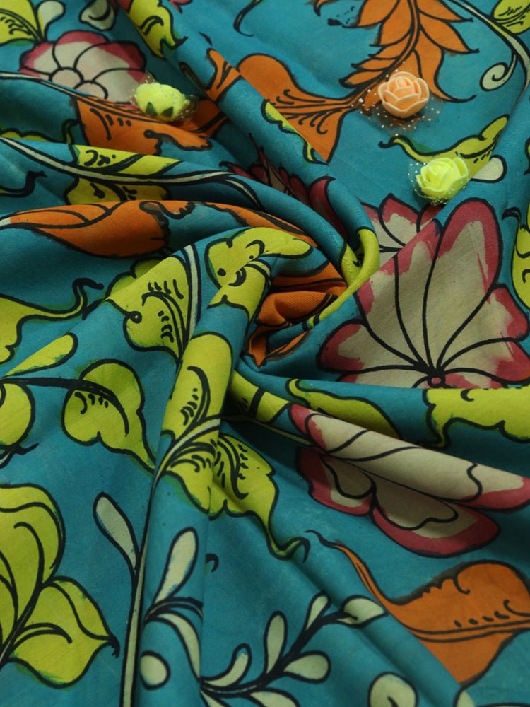 Blue Pen Kalamkari Pure Silk Fabric ( 1 Mtr ) - Luxurion World