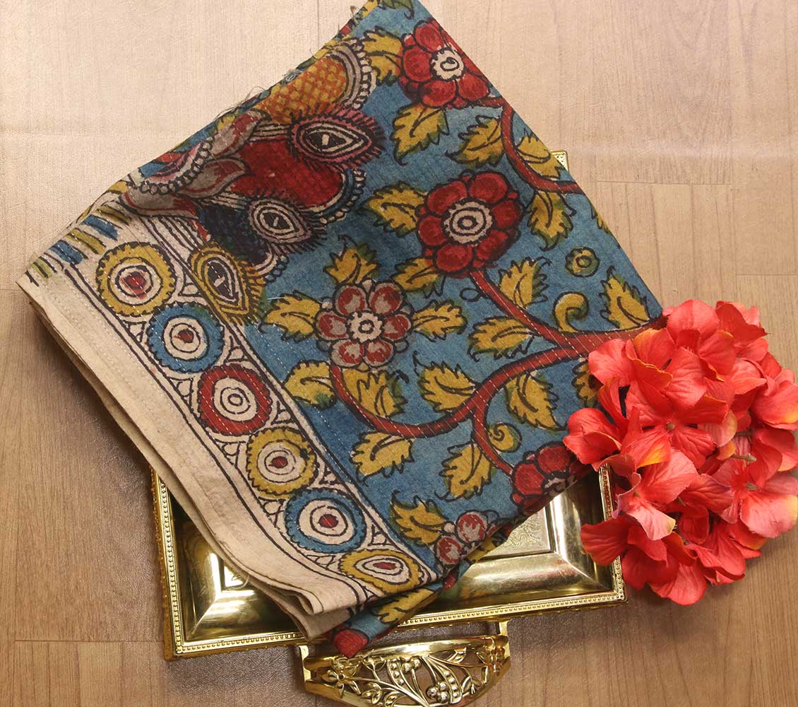 Blue Pen Kalamkari Pure Silk Fabric ( 1 Mtr ) - Luxurion World