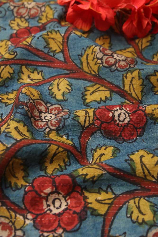 Blue Pen Kalamkari Pure Silk Fabric ( 1 Mtr ) - Luxurion World