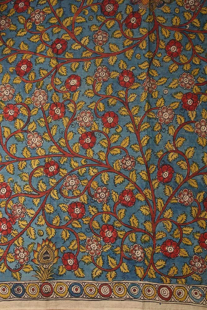 Blue Pen Kalamkari Pure Silk Fabric ( 1 Mtr ) - Luxurion World