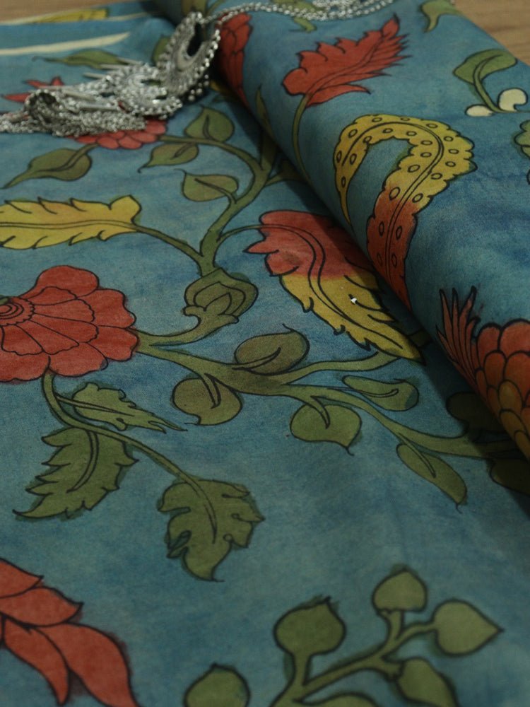 Blue Pen Kalamkari Pure Silk Fabric ( 1 Mtr ) - Luxurion World