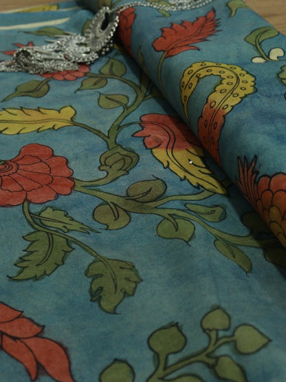 Blue Pen Kalamkari Pure Silk Fabric ( 1 Mtr ) - Luxurion World