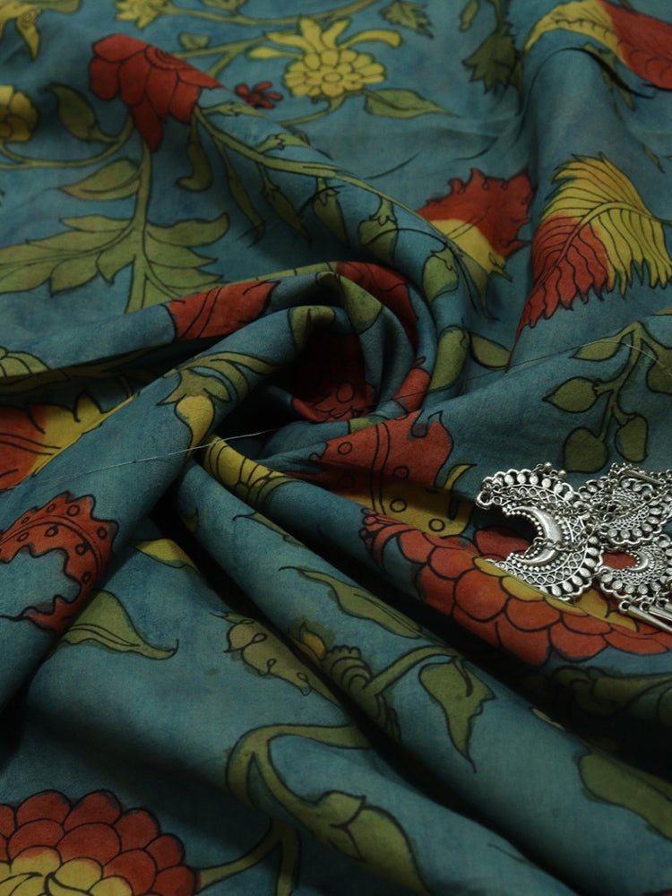Blue Pen Kalamkari Pure Silk Fabric ( 1 Mtr )
