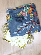 Blue Pen Kalamkari Pure Silk Fabric (1 Mtr ) - Luxurion World