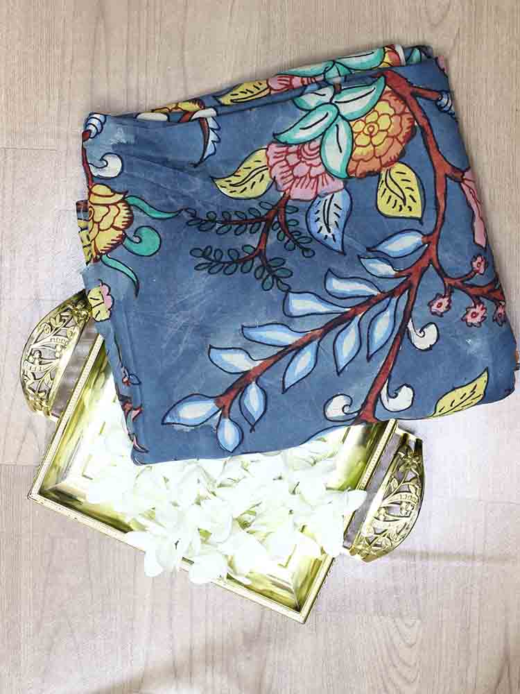 Blue Pen Kalamkari Pure Silk Fabric (1 Mtr ) - Luxurion World