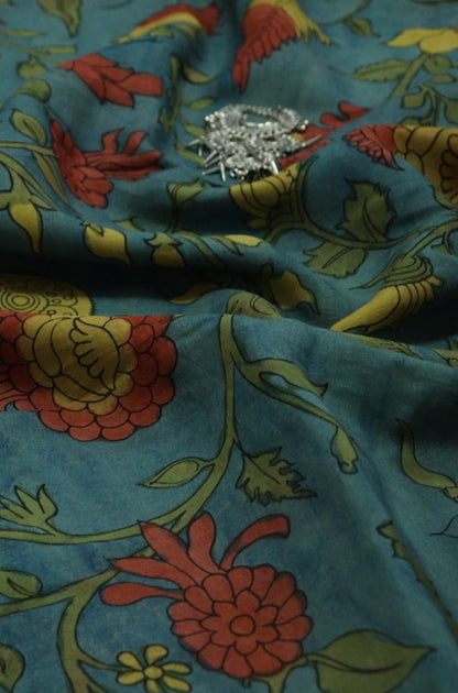 Blue Pen Kalamkari Pure Silk Fabric ( 1 Mtr ) - Luxurion World