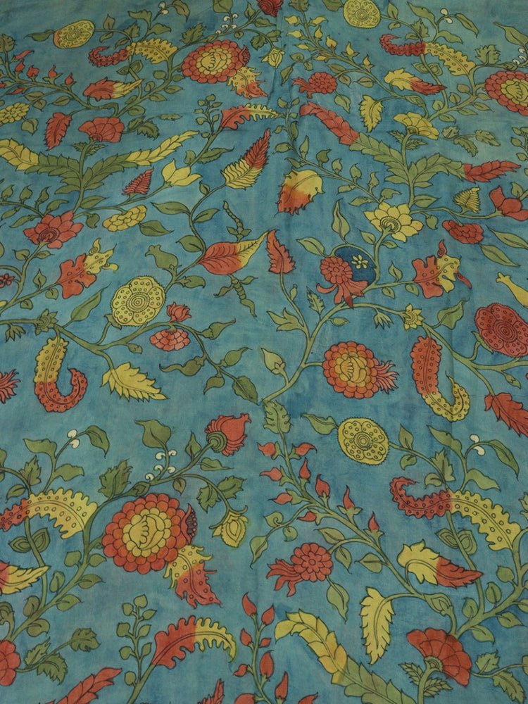 Blue Pen Kalamkari Pure Silk Fabric ( 1 Mtr ) - Luxurion World