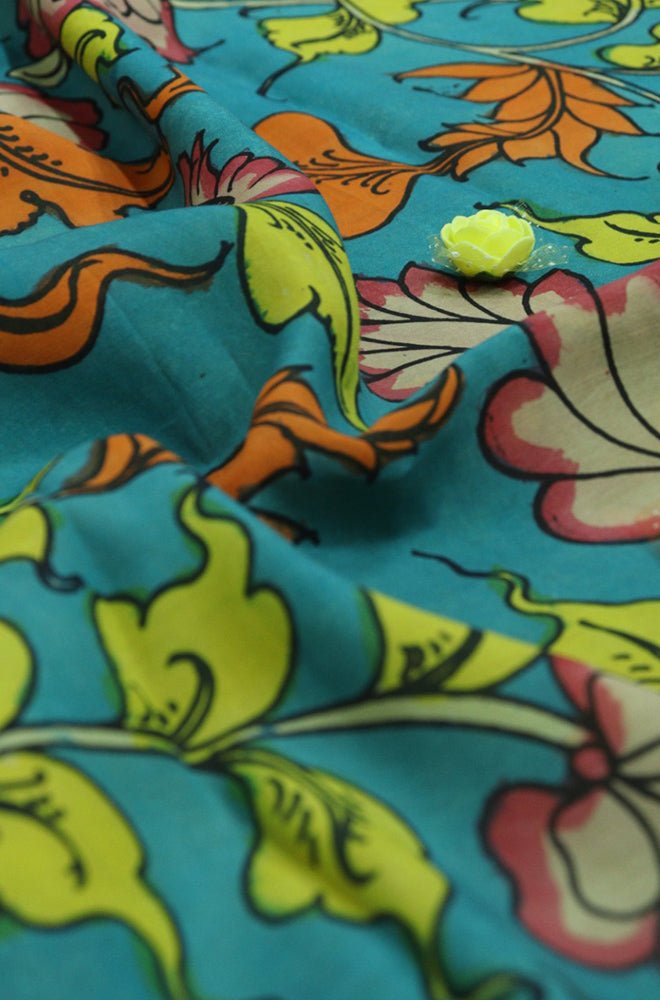 Blue Pen Kalamkari Pure Silk Fabric ( 1 Mtr ) - Luxurion World