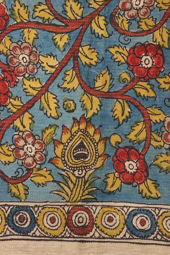 Blue Pen Kalamkari Pure Silk Fabric ( 1 Mtr ) - Luxurion World