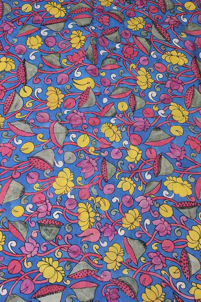 Blue Pen Kalamkari Pure Silk Fabric (1 Mtr ) - Luxurion World