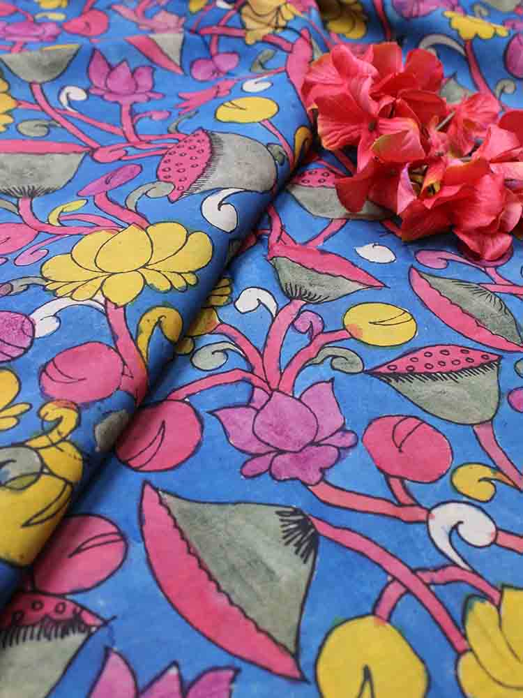 Blue Pen Kalamkari Pure Silk Fabric (1 Mtr ) - Luxurion World