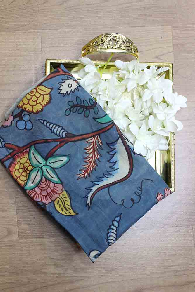 Blue Pen Kalamkari Pure Silk Fabric (1 Mtr ) - Luxurion World