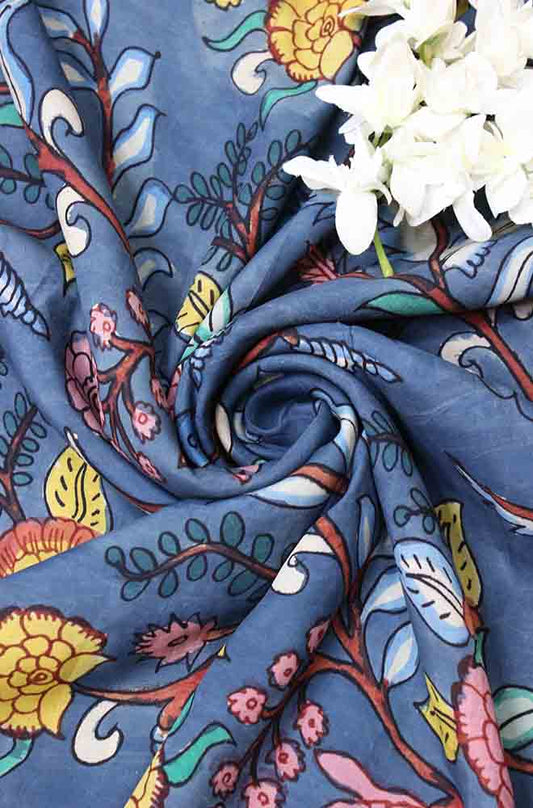 Blue Pen Kalamkari Pure Silk Fabric (1 Mtr )