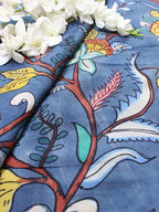 Blue Pen Kalamkari Pure Silk Fabric (1 Mtr ) - Luxurion World