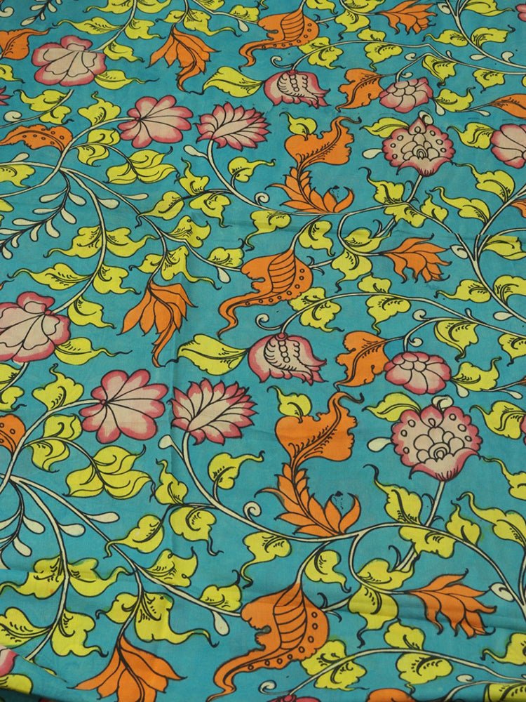 Blue Pen Kalamkari Pure Silk Fabric ( 1 Mtr ) - Luxurion World