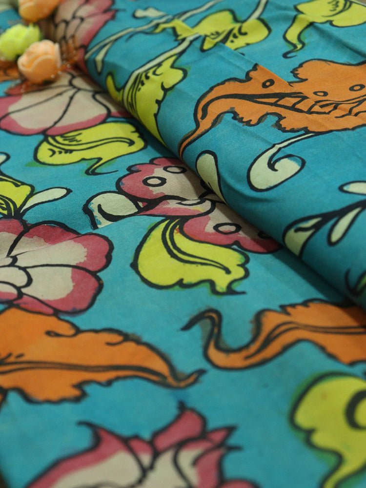 Blue Pen Kalamkari Pure Silk Fabric ( 1 Mtr ) - Luxurion World