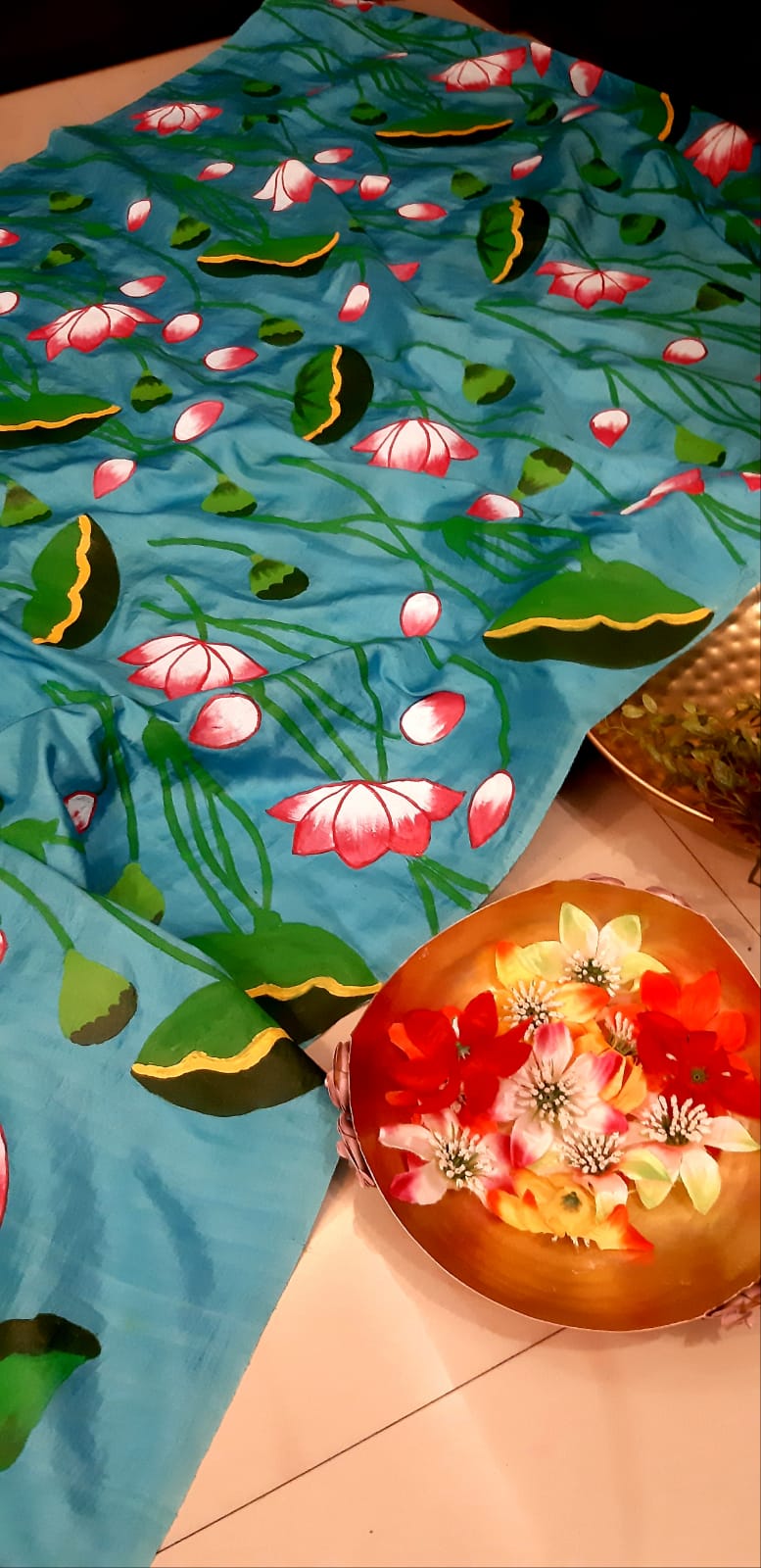 Blue Pichhwai Hand Painted Mulberry Silk Saree - Luxurion World