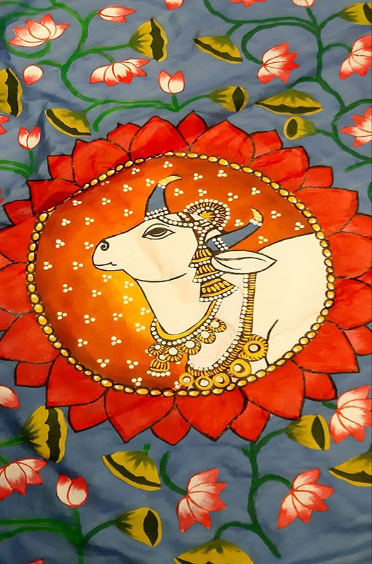 Blue Pichhwai Hand Painted Mulberry Silk Saree - Luxurion World