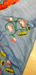 Blue Pichhwai Hand Painted Mulberry Silk Saree - Luxurion World